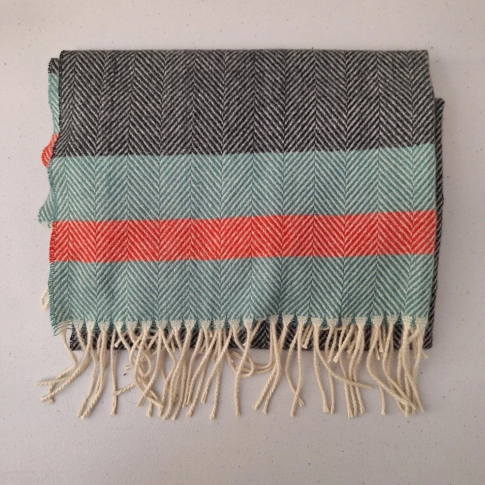 Herringbone Scarf Shawl Wrap Teal Coral Gray Neutral Fringe Ends Cozy Warm